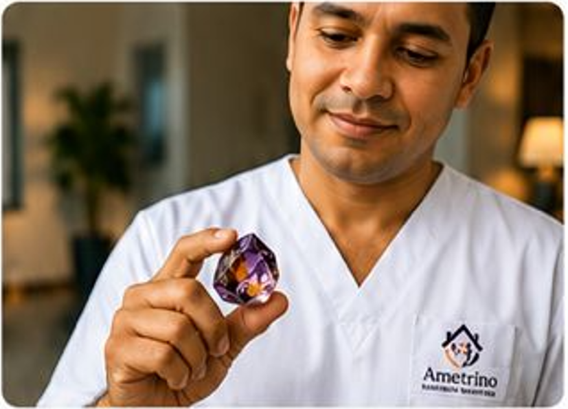 Profissional segurando uma pedra Ametrino
